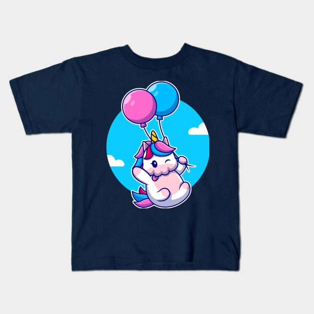 Cute Unicorn Floating With Balloon Kids T-Shirt by Catalyst Labs